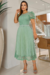 Vestido Longuete,Plissado,Cor Verde,Tecido Renda Arrastão com saia em Malha.