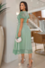 Vestido Longuete,Plissado,Cor Verde,Tecido Renda Arrastão com saia em Malha.