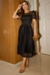 Vestido Longuete,Plissado,Cor Preto,Tecido Renda Arrastão com saia em Malha.