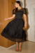 Vestido Longuete,Plissado,Cor Preto,Tecido Renda Arrastão com saia em Malha.