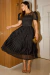 Vestido Longuete,Plissado,Cor Preto,Tecido Renda Arrastão com saia em Malha.