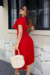 Vestido Midi,Cor Vermelho,Tecido em Crepe Plissado, Malha Paris
