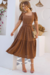 Vestido Longuete,Cor Marrom,Tecido Malha Lese, manga Princesa com Cinto Forrado.
