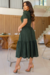 Vestido Longuete,Cor Verde Escuro,Tecido Malha Lese, manga Princesa com Cinto Forrado.