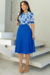 Vestido Midi,Cor Azul,Tecido Tule com Saia em Crepe Plissado,Estampa Floral 