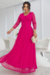 Vestido Longo,Cor Pink, Manga Longa, Tecido Tule Trabalhado Forrado 