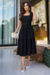 Vestido Longuete,Cor Preto,Tecido Malha Lese, manga Princesa com Cinto Forrado.