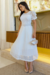 Vestido Longuete,Plissado,Cor Branco,Tecido Renda Arrastão com saia em Malha.