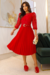 vestido plissado na malha crepe com corpinho de renda guipir, na cor Vermelho,manga 3/4