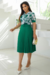 Vestido Midi,Cor Verde,Tecido Tule com Saia em Crepe Plissado,Estampa Floral 