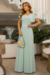 conjunto de blusa e saia longa plissada na cor verde menta, com detalhes em malha lurex.