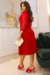 vestido plissado na malha crepe com corpinho de renda guipir, na cor Vermelho,manga 3/4