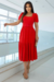 Vestido Longuete,Cor Vermelho,Tecido Malha Lese, manga Princesa com Cinto Forrado.