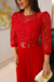 vestido plissado na malha crepe com corpinho de renda guipir, na cor Vermelho,manga 3/4