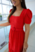 Vestido Longuete,Cor Vermelho,Tecido Malha Lese, manga Princesa com Cinto Forrado.