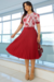 Vestido Midi,Cor Vermelho,Tecido Tule com Saia em Crepe Plissado,Estampa Floral 