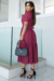 Vestido Longuete,Cor Marsala,Tecido Malha Lese, manga Princesa com Cinto Forrado.