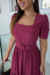 Vestido Longuete,Cor Marsala,Tecido Malha Lese, manga Princesa com Cinto Forrado.