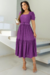Vestido Longuete,Cor Roxo,Tecido Malha Lese, manga Princesa com Cinto Forrado.