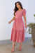 Vestido Longuete,Cor Rosa Queimado,Tecido Malha Lese, manga Princesa com Cinto Forrado.