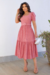 Vestido Longuete,Cor Rosa Queimado,Tecido Malha Lese, manga Princesa com Cinto Forrado.