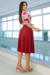 Vestido Midi,Cor Vermelho,Tecido Tule com Saia em Crepe Plissado,Estampa Floral 