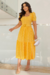 Vestido Longuete,Cor Amarelo,Tecido Malha Lese, manga Princesa com Cinto Forrado.