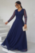 Vestido Longo,Cor Azul, Manga Longa, Tecido Tule Trabalhado Forrado 
