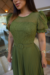 Vestido Longuete,Plissado,Cor verde Musgo,Tecido Renda Arrastão com saia em Malha.