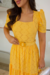 Vestido Longuete,Cor Amarelo,Tecido Malha Lese, manga Princesa com Cinto Forrado.