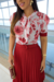 Vestido Midi,Cor Vermelho,Tecido Tule com Saia em Crepe Plissado,Estampa Floral 
