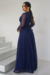 Vestido Longo,Cor Azul, Manga Longa, Tecido Tule Trabalhado Forrado 
