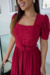 Vestido Longuete,Cor Vermelho Carmin,Tecido Malha Lese, manga Princesa com Cinto Forrado.