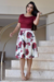 Vestido Midi,Cor Vermelho,Estampa Floral,Tecido Piquet c/Renda Manga Curta