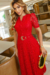 Vestido plissado na renda guipir na cor Vermelho, com detalhes em dourado e cinto. 
