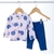 CONJUNTO REMERA DOTS VOLADO ROSA + PANTALÓN AZUL BEBE