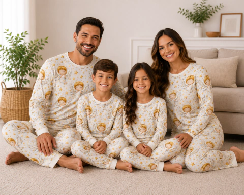 PIJAMA ADULTO OU INFANTIL FAMILIA ESTAMPA ANJOS DOURADOS