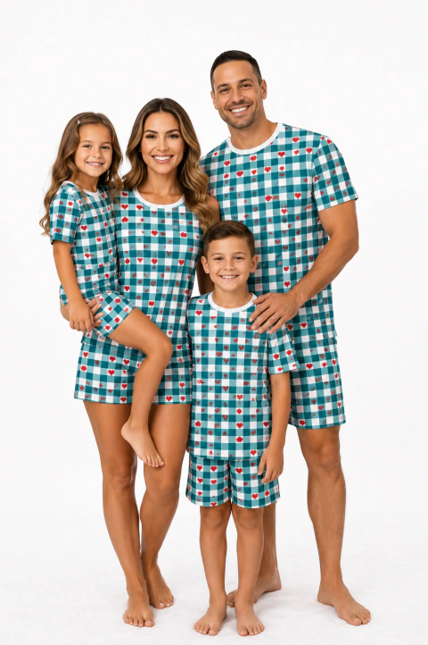PIJAMA CURTO VERÃO ADULTO OU INFANTIL FAMILIA ESTAMPA QUADRICULADO CORAÇÃO