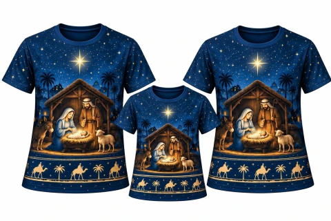 Camiseta de Natal Família Adulto Ou Infantil Estampa Presépio