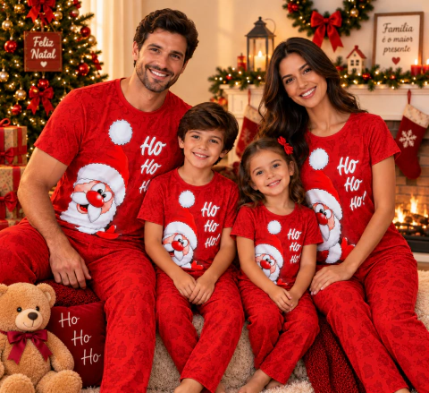 Pijama de Natal Família Adulto e Infantil – Calça e Camisa Manga Curta Estampa Papai Noel