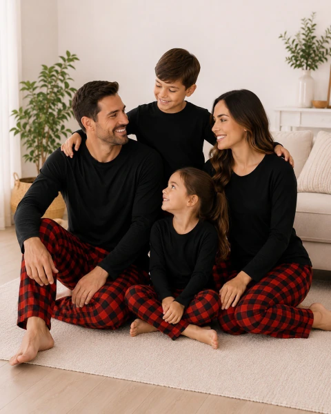 PIJAMA ADULTO OU INFANTIL FAMILIA ESTAMPA XADREZ VERMELHO