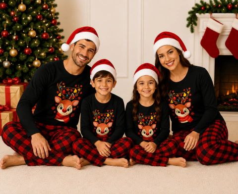 PIJAMA ADULTO OU INFANTIL FAMILIA ESTAMPA NATAL XADREZ RENA