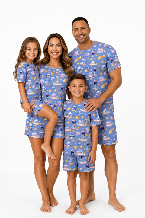PIJAMA CURTO VERÃO ADULTO OU INFANTIL FAMILIA ESTAMPA ASTROUNAUTA