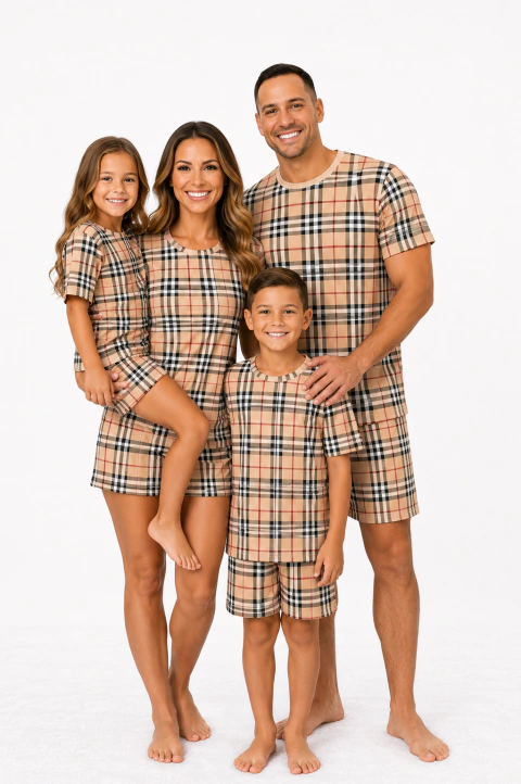 PIJAMA CURTO VERÃO ADULTO OU INFANTIL FAMILIA ESTAMPA BURBERRY