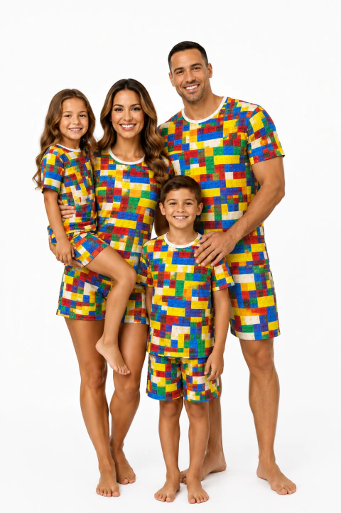PIJAMA CURTO VERÃO ADULTO OU INFANTIL FAMILIA ESTAMPA LEGO