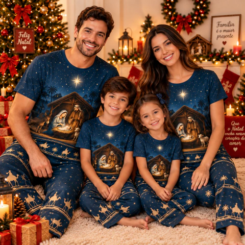 Pijama de Natal Família Adulto e Infantil – Calça e Camisa Manga Curta Estampa Presépio