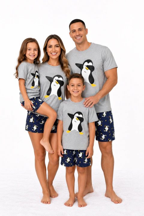 PIJAMA CURTO VERÃO ADULTO OU INFANTIL FAMILIA ESTAMPA PINGUIM