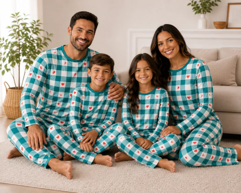 PIJAMA ADULTO OU INFANTIL FAMILIA ESTAMPA QUADRICULADO CORAÇÃO