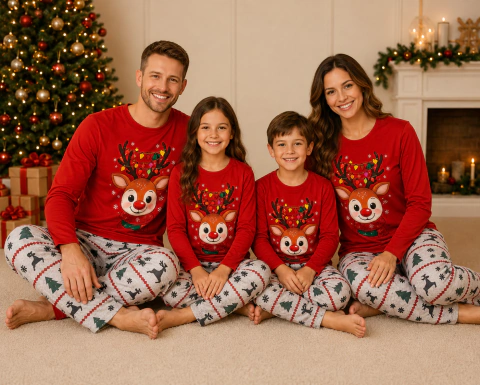 PIJAMA ADULTO OU INFANTIL FAMILIA ESTAMPA VERMELHO NATAL RENA