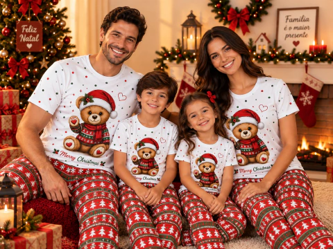 Pijama de Natal Família Adulto e Infantil – Calça e Camisa Manga Curta Estampa Ursinho
